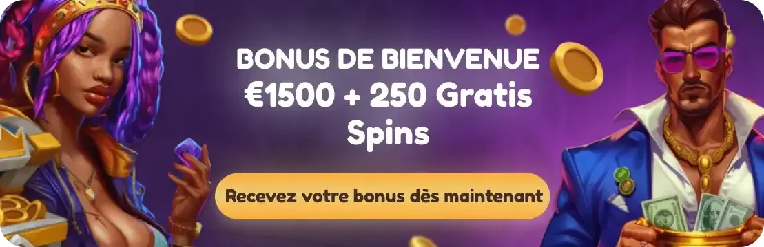 Bannière publicitaire Coolzino présentant un bonus de bienvenue de 1500 € et 250 tours gratuits, avec des illustrations de personnages de casino sur fond violet.