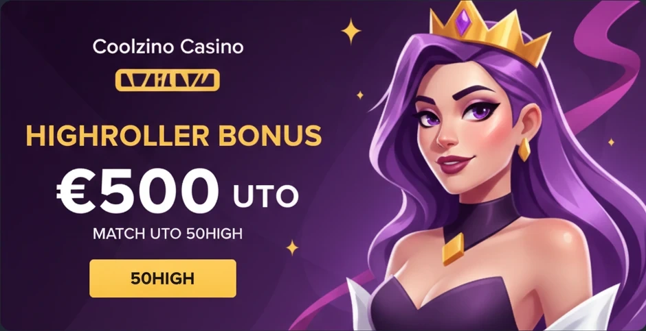 Coolzino Casino Highroller Bonus banner met een illustratie van een prinses, een aanbieding van €500 en de promotiecode 50HIGH op een paarse achtergrond.