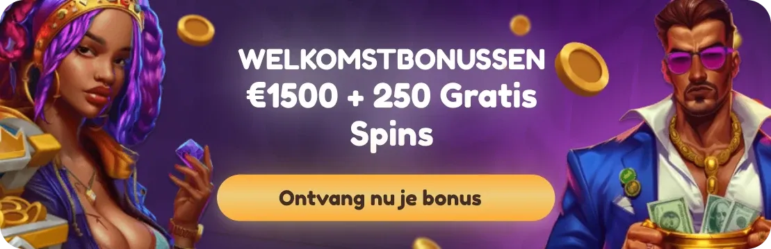 Coolzino Casino welkomstbonus banner met personages en promotie van €1500 plus 250 gratis spins.