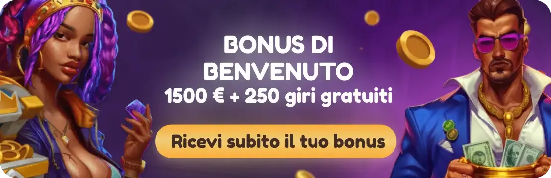 Banner promozionale di Coolzino Casino con una ragazza dai capelli viola e un forziere d'oro, che offre un bonus fino a 1500 € e 250 giri gratuiti.