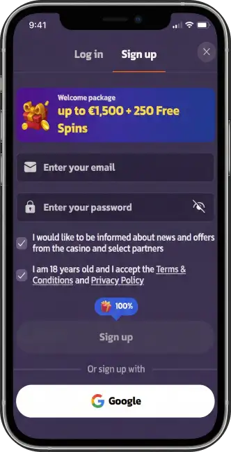 Realistische iPhone-mockup met het ontwerp van de mobiele registratiepagina voor een online casino. Het scherm toont een aanmeldformulier in donkere modus, een welkomstbonus tot €1.500 + 250 Free Spins en een Google-aanmeldknop