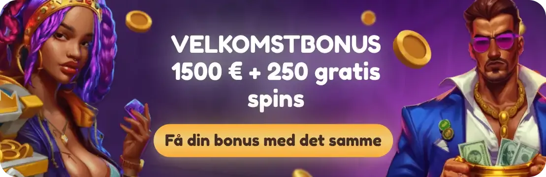 Coolzino velkomstbonus banner med karakterer og guldmønter, der tilbyder 1500 € og 250 gratis spins til nye spillere i Danmark.
