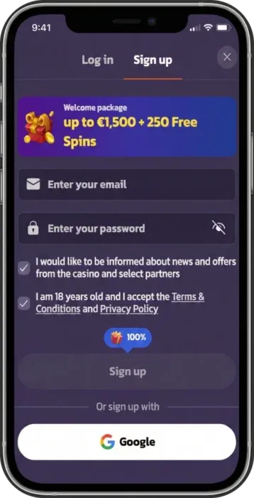 Maqueta realista para iPhone con el diseño de la página de registro móvil de un casino online. La pantalla muestra un formulario de registro en modo oscuro, un bono de bienvenida de hasta 1500 € + 250 tiradas gratis y un botón de registro de Google.