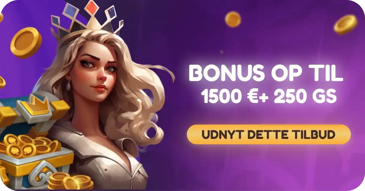 Coolzino Casino velkomstbonus på 1500 € plus 250 gratis spins med en illustration af en dronning og en skattekiste.